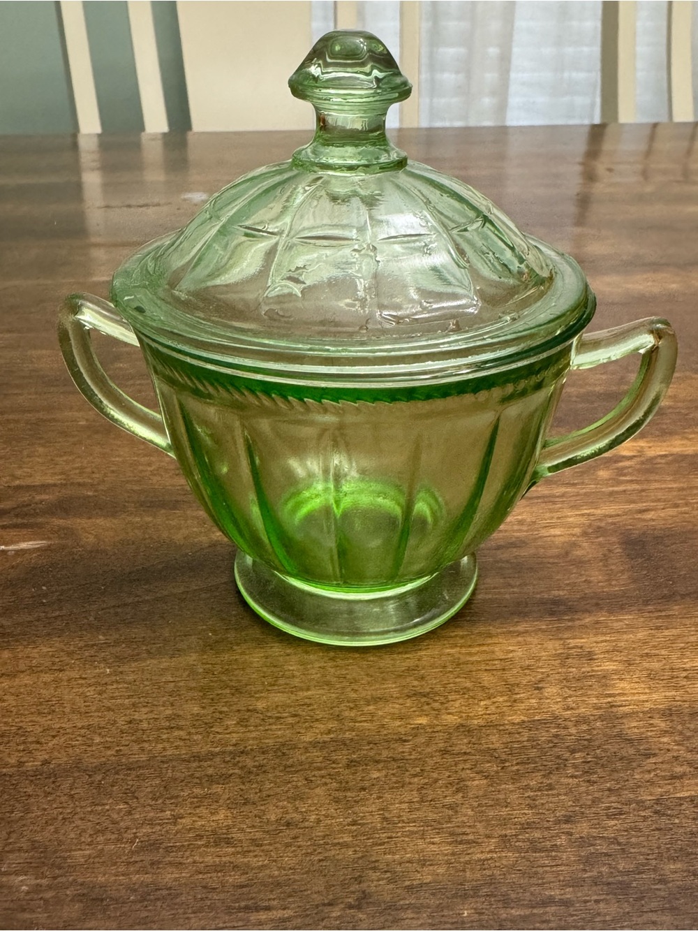 Green Glass Lidded Sugar Bowl with Handles